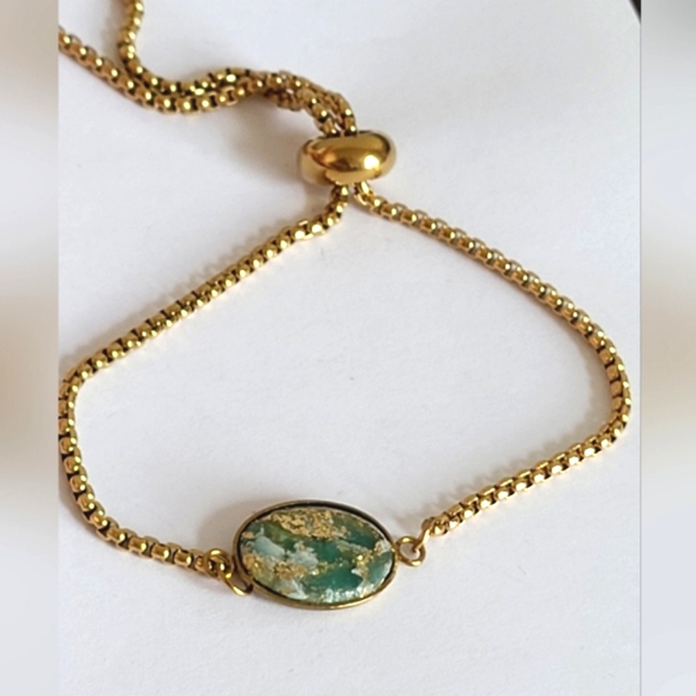 Handcrafted Boho Gold Green Agate Gemstone Oval Dainty Adjustable Bracelet